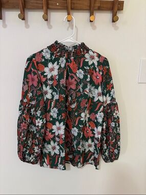 Floral Smocked Neck Long Sleeve Top - Dark Green